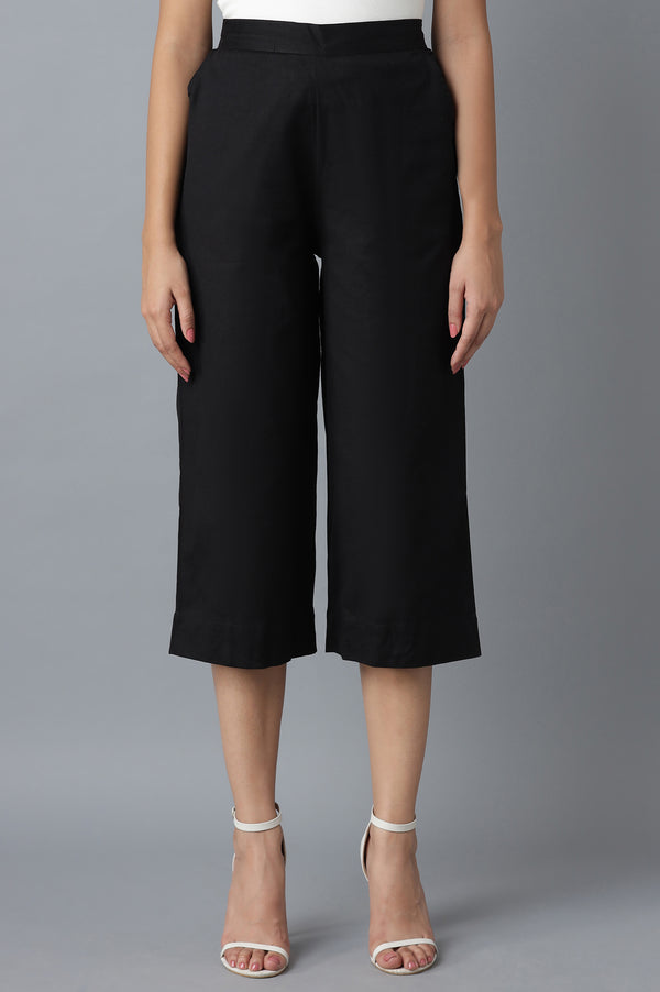 Black Solid Straight Fit Cotton Culottes With Elasticated Waist