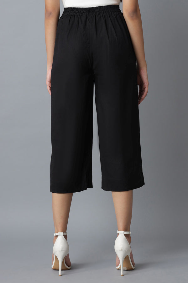 Black Solid Straight Fit Cotton Culottes With Elasticated Waist