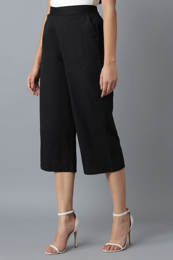 Black Solid Straight Fit Cotton Culottes With Elasticated Waist