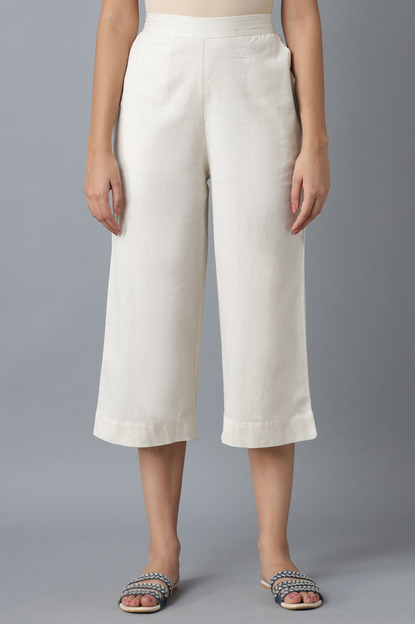 Off White Solid Straight Fit Cotton Culottes With Elasticated Waist