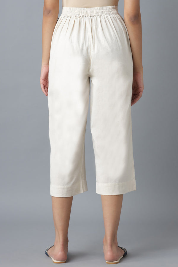 Off White Solid Straight Fit Cotton Culottes With Elasticated Waist