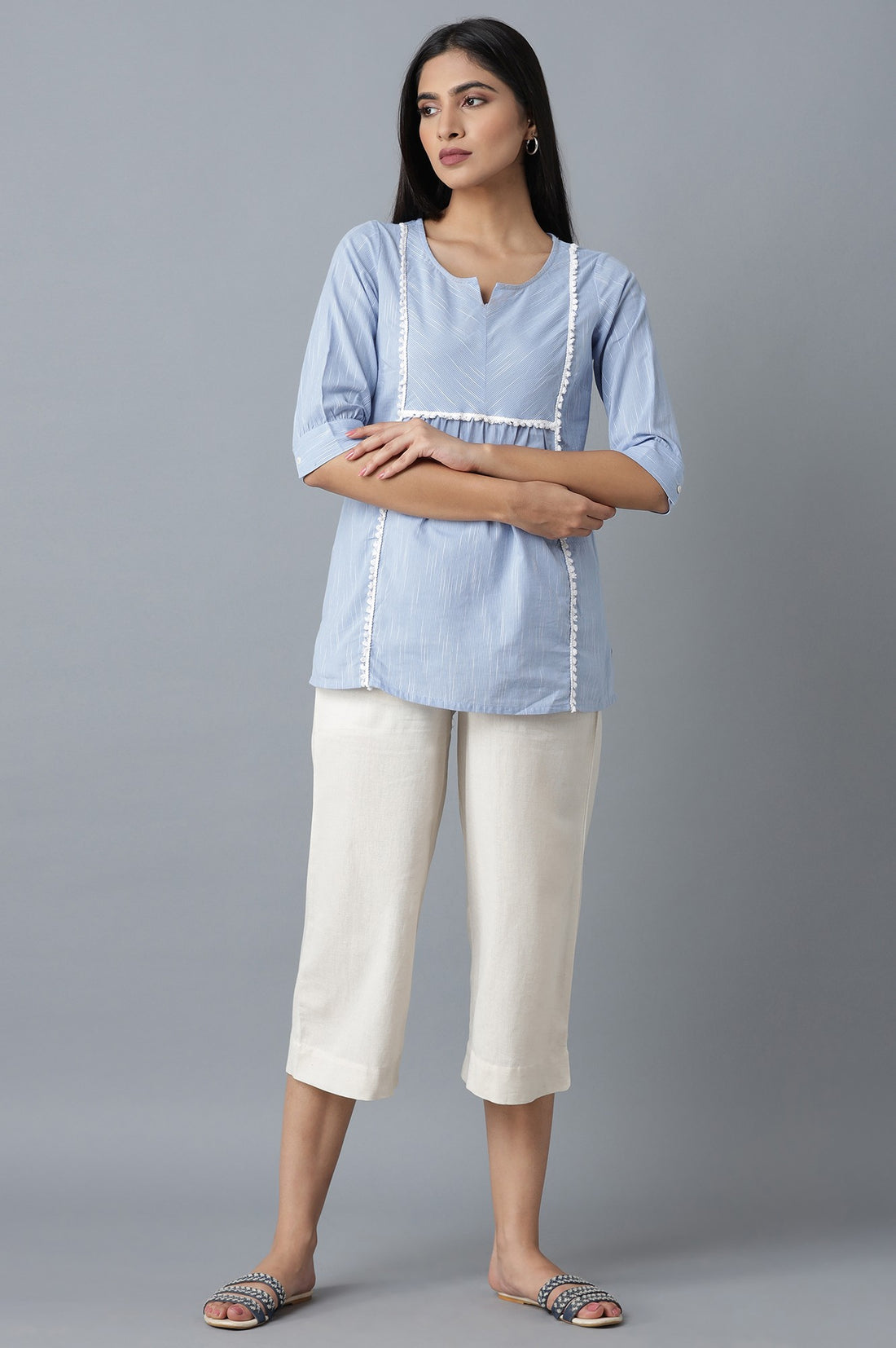 Off White Solid Straight Fit Cotton Culottes With Elasticated Waist