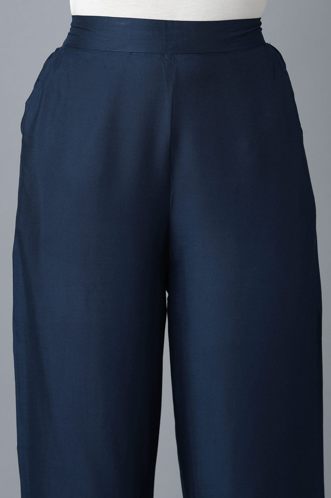 Navy Blue Solid Straight Fit Cotton Culottes With Elasticated Waist