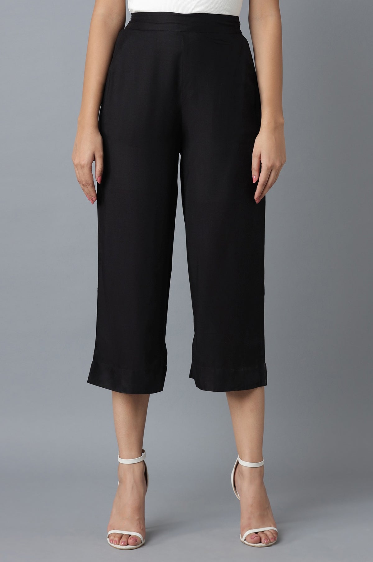 Elleven Women's Black Solid Straight Fit Cotton Culottes With Elasticated Waist - S