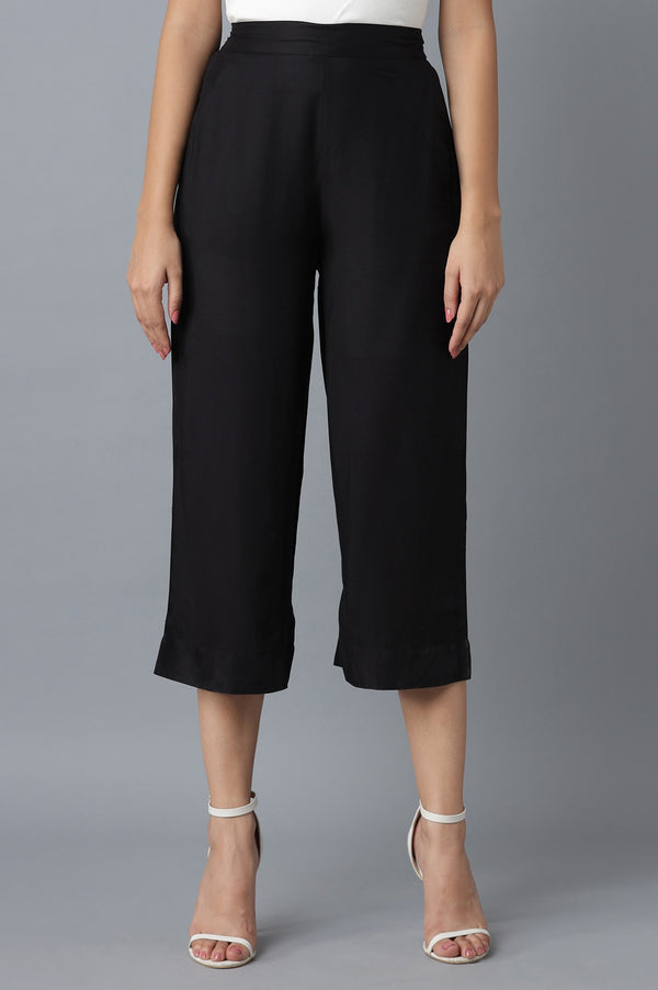 Black Solid Straight Fit Cotton Culottes With Elasticated Waist