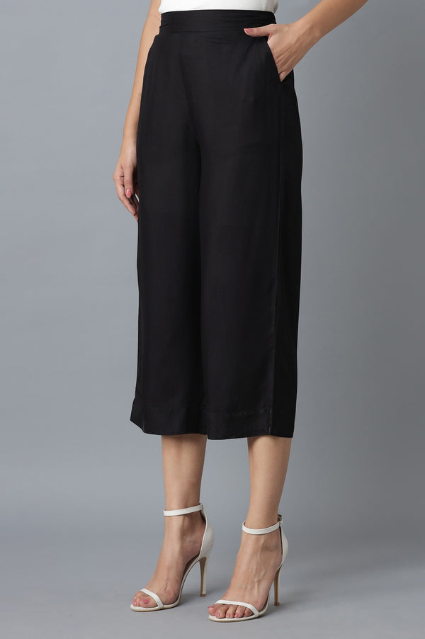Black Solid Straight Fit Cotton Culottes With Elasticated Waist