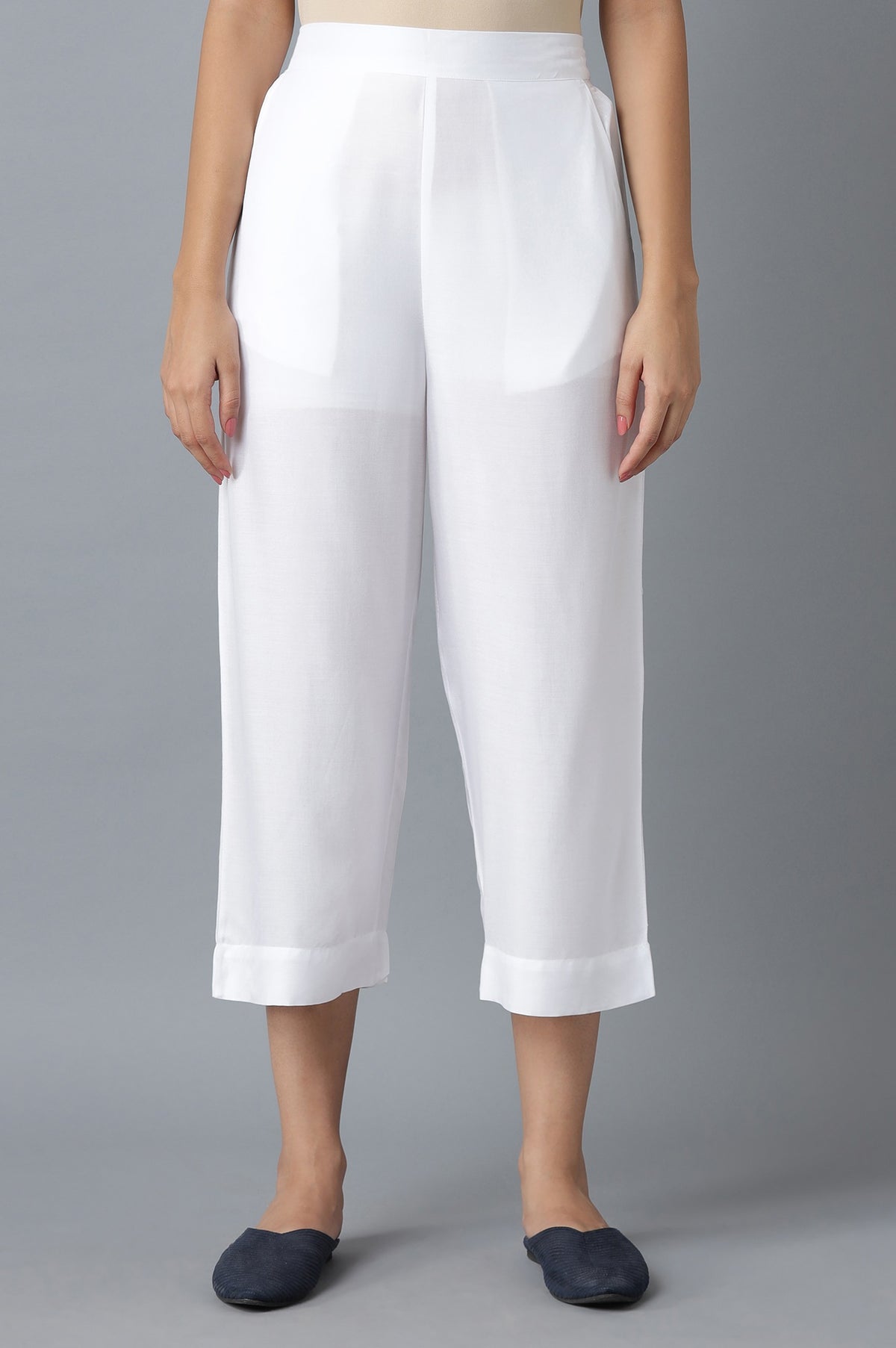 Elleven Women's White Solid Wide Leg Cotton Culottes With Elasticated Waist - S
