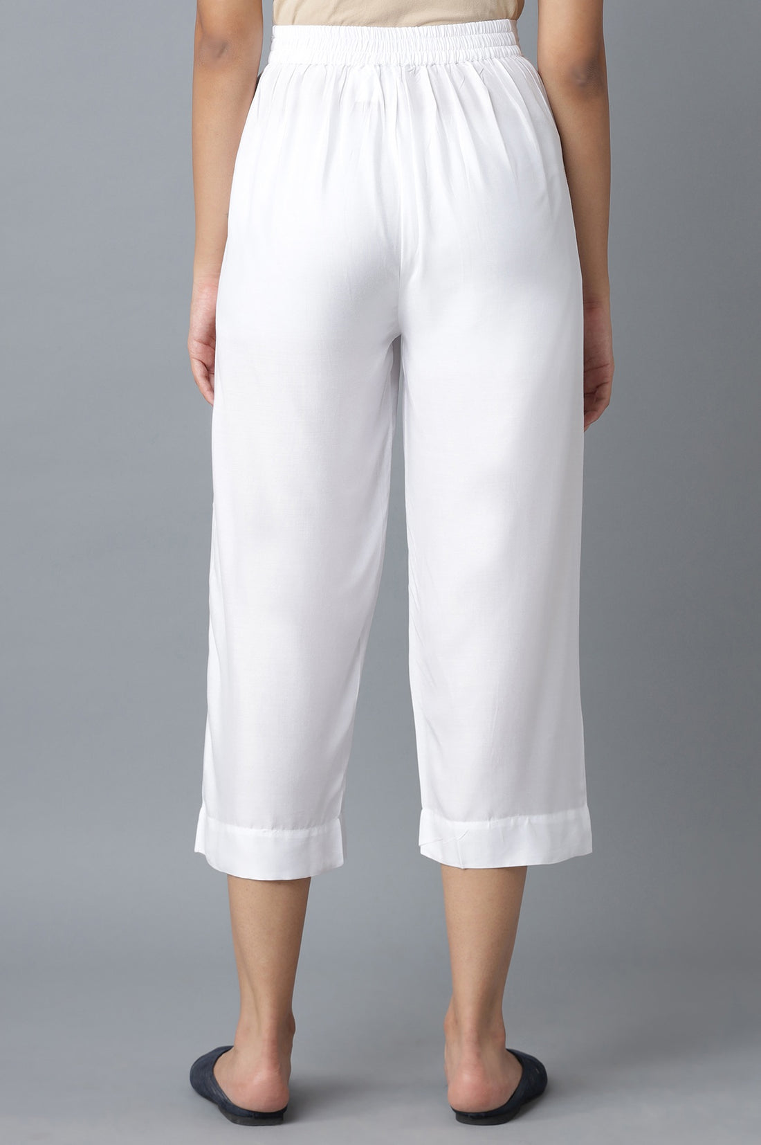 White Solid Wide Leg Cotton Culottes With Elasticated Waist