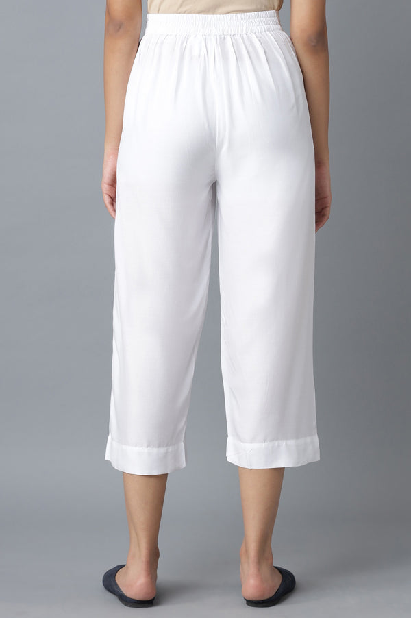 White Solid Wide Leg Cotton Culottes With Elasticated Waist