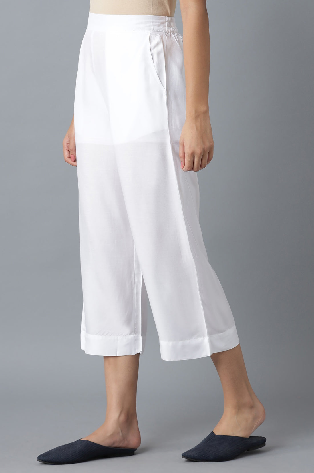 White Solid Wide Leg Cotton Culottes With Elasticated Waist