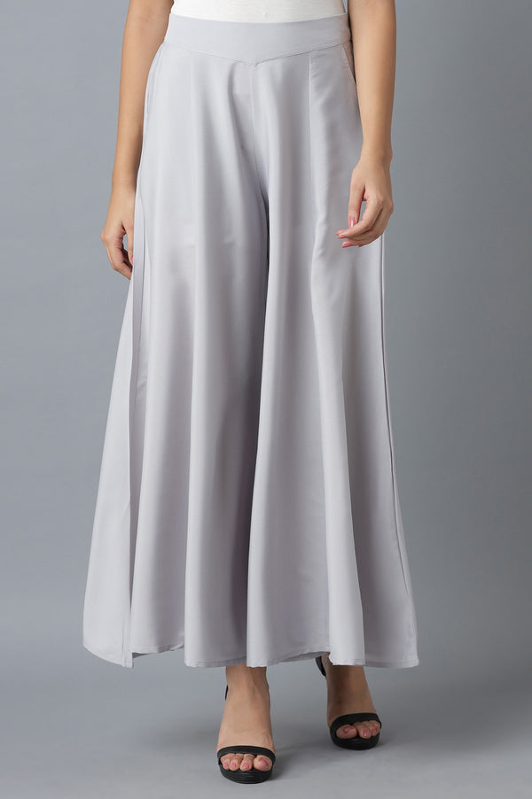 Silver Solid Flared Polyester Palazzo With Elasticated Waist