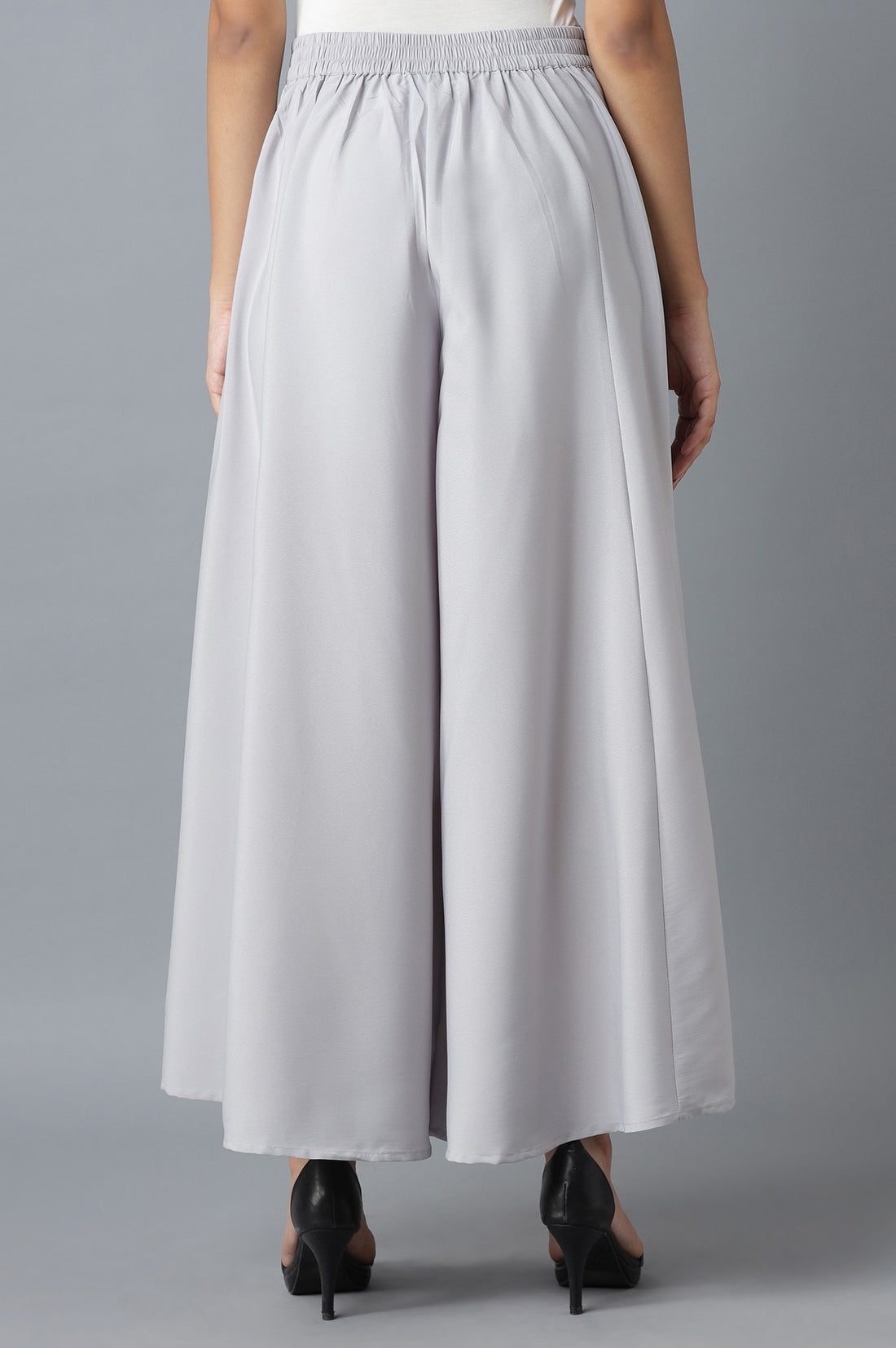 Silver Solid Flared Polyester Palazzo With Elasticated Waist