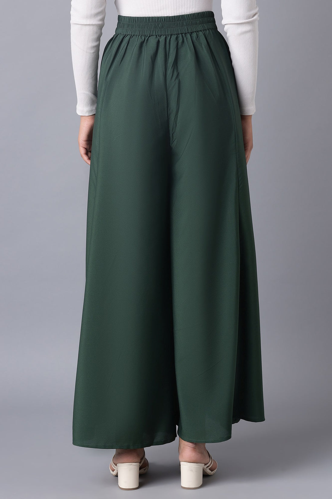 Muted Sage Green Solid Flared Woven Palazzo With Elasticated Waistband