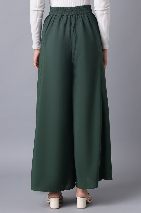 Muted Sage Green Solid Flared Woven Palazzo With Elasticated Waistband