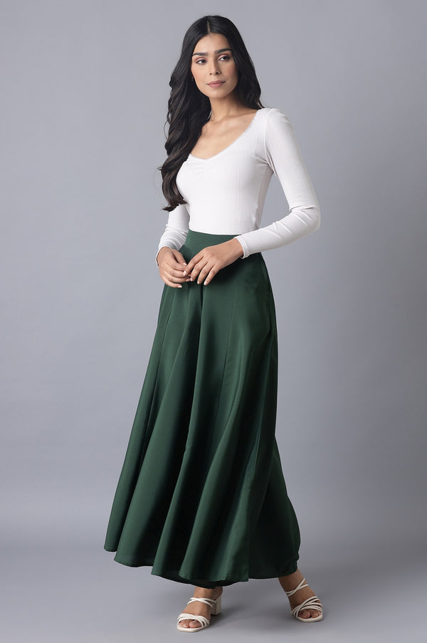 Muted Sage Green Solid Flared Woven Palazzo With Elasticated Waistband