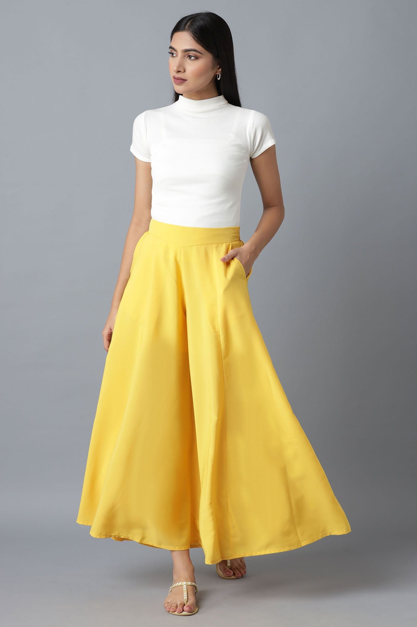 Yellow Solid Flared Palazzo