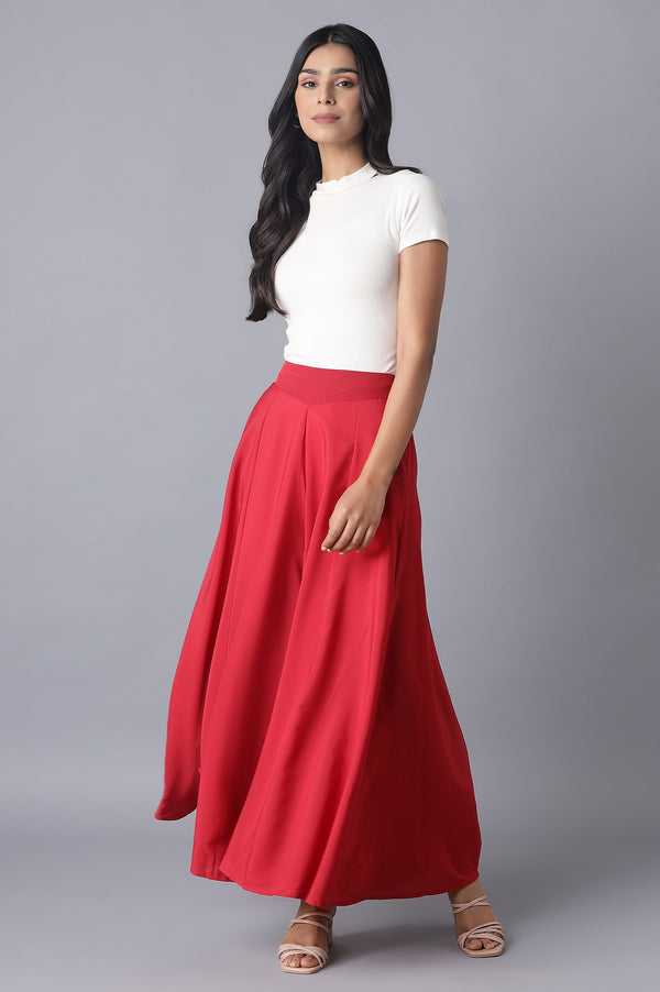 Red Solid Flared Woven Palazzo With Elasticated Waistband
