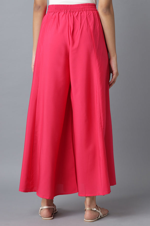 Pink Solid Flared Cotton Palazzo With Side Pockets