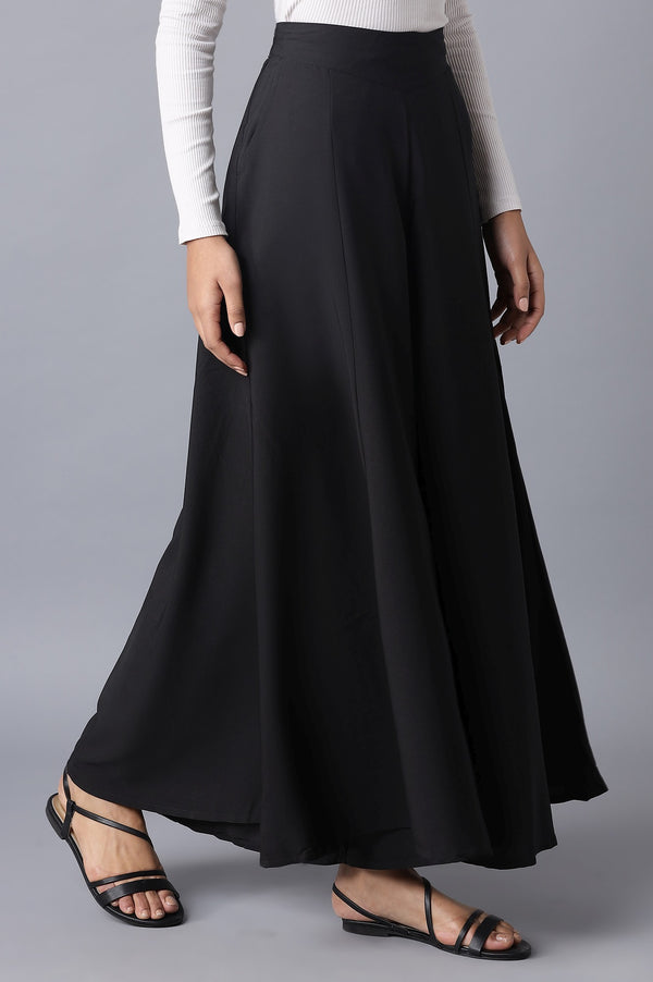 Black Solid Flared Woven Palazzo With Elasticated Waist