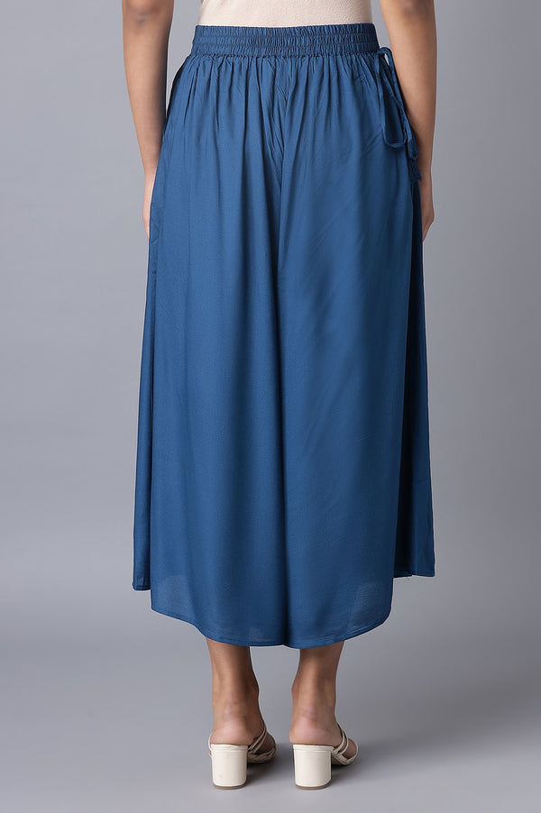 Blue Solid Flared Cotton Culottes With Drawstring