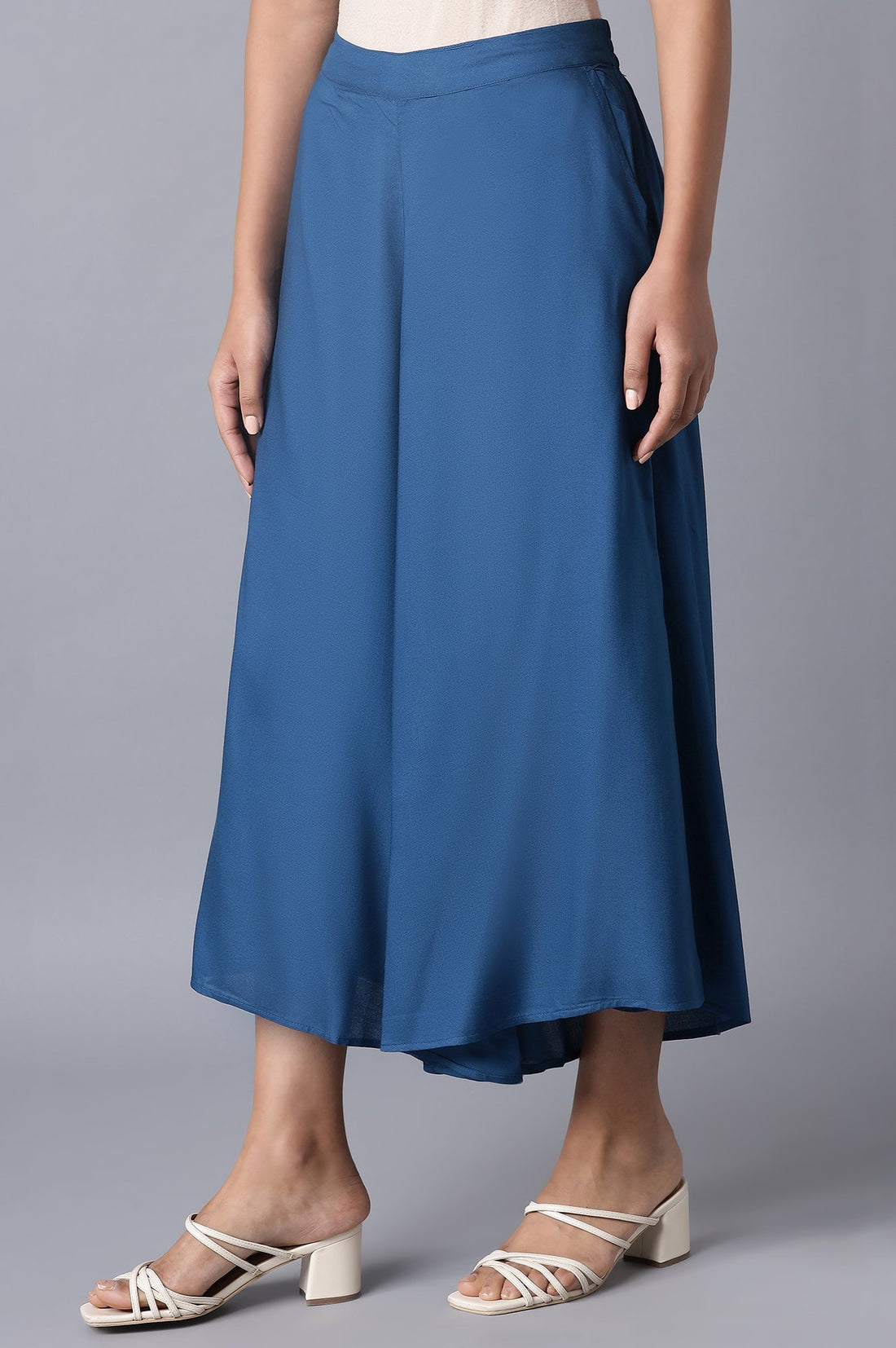 Blue Solid Flared Cotton Culottes With Drawstring