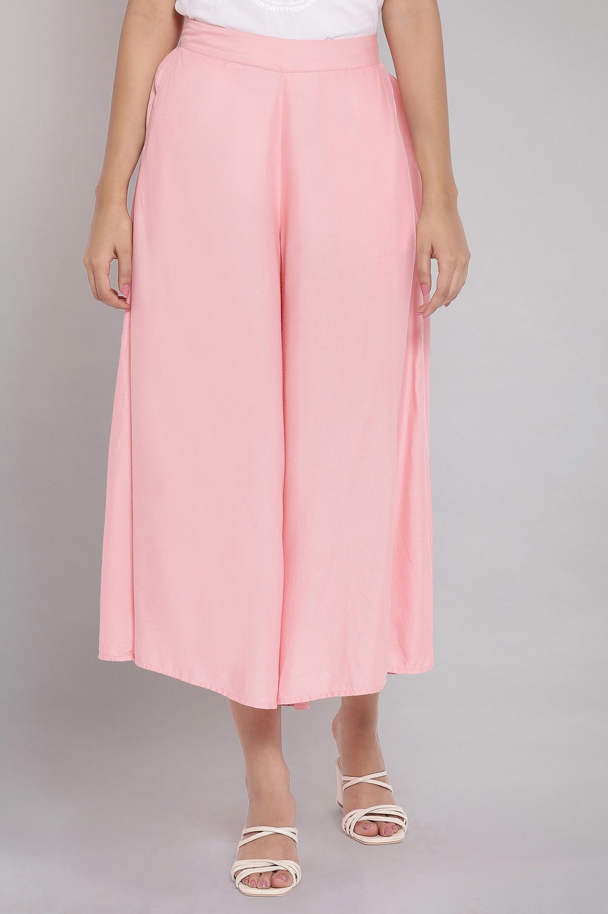 Elleven Women's Pink Solid Flared Cotton Culottes With Elasticated Waist - S