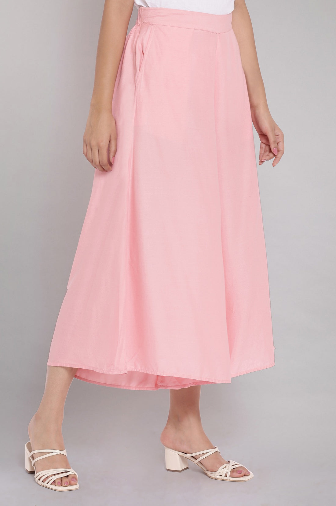 Pink Solid Flared Cotton Culottes With Elasticated Waist