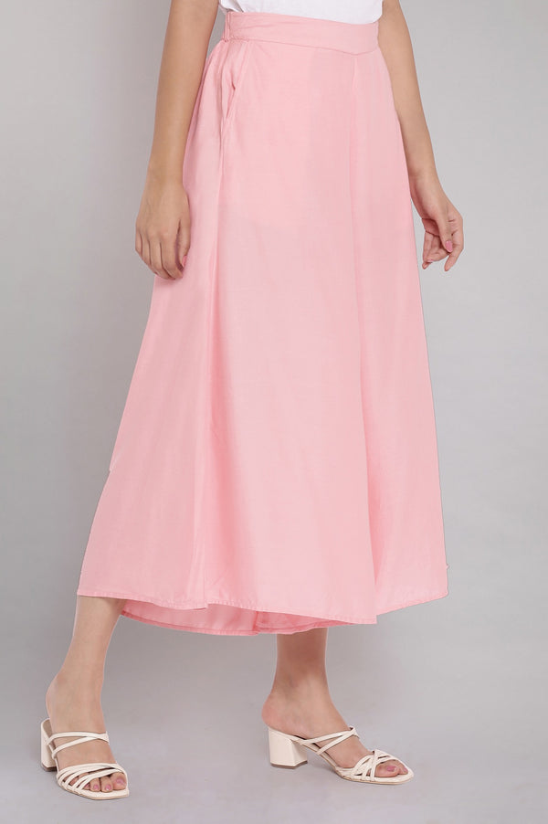Pink Solid Flared Cotton Culottes With Elasticated Waist