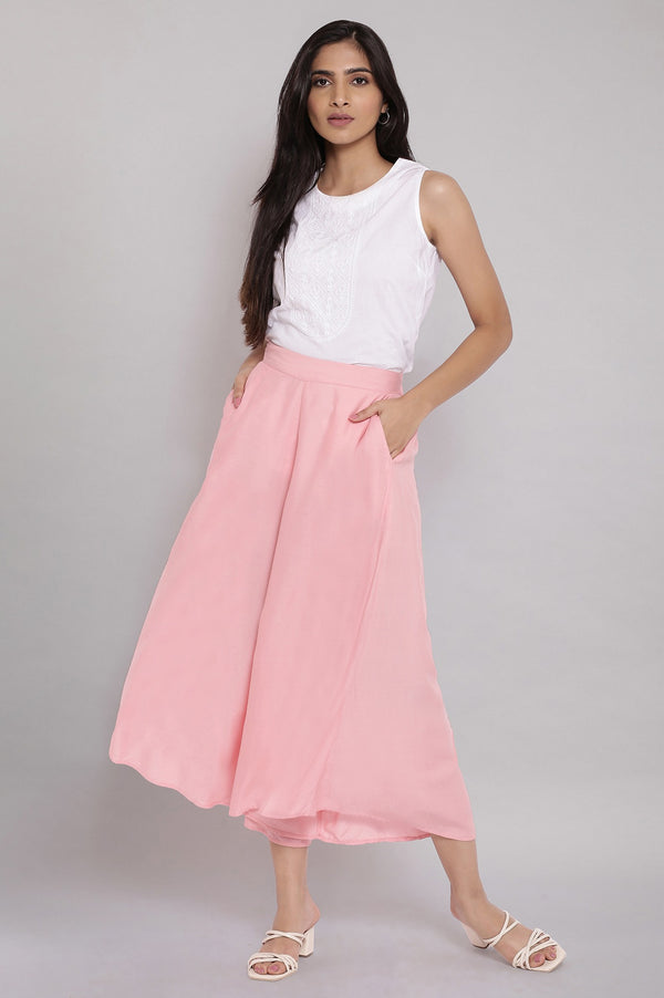 Pink Solid Flared Cotton Culottes With Elasticated Waist