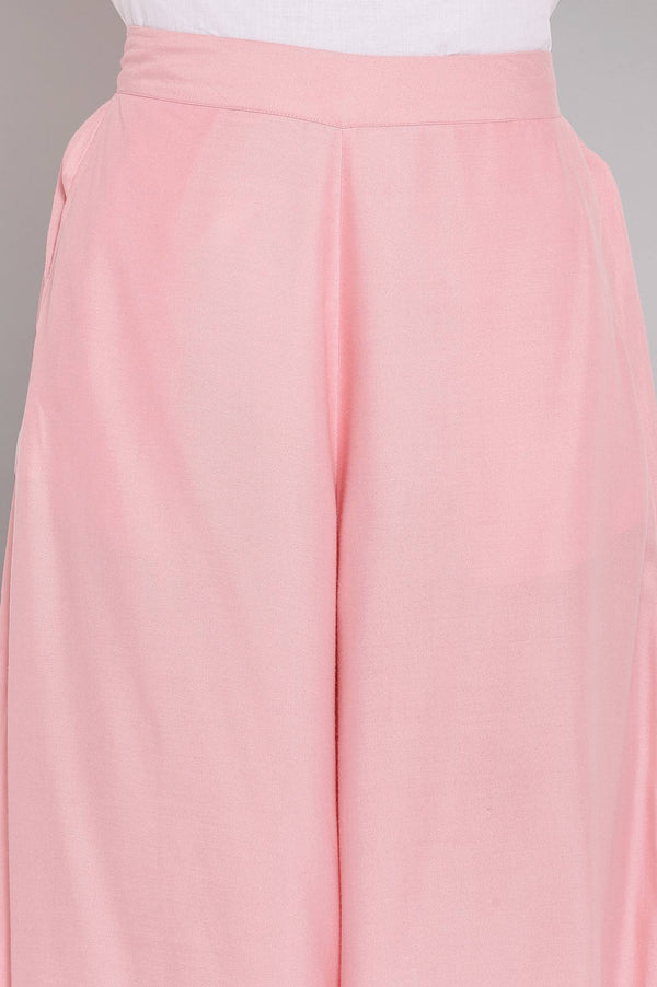 Pink Solid Flared Cotton Culottes With Elasticated Waist