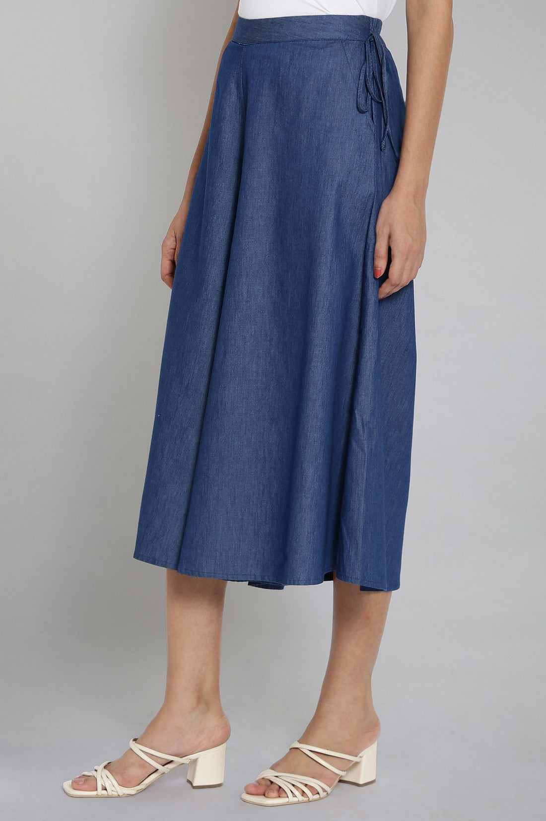 Blue Solid Flared Cotton Culottes With Drawstring Detail