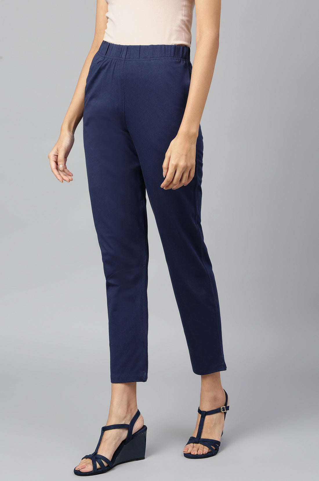 Navy Blue Solid Flared Cotton Pants With Elasticated Waist