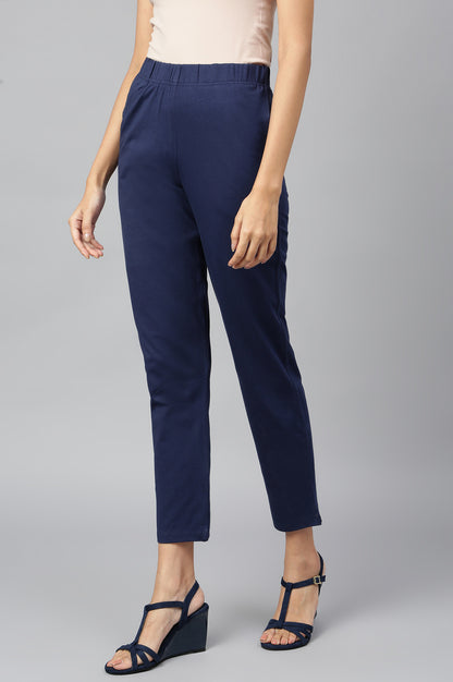 Blue Cotton Lycra Women Pants