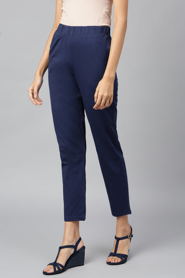 Navy Blue Solid Flared Cotton Pants With Elasticated Waist