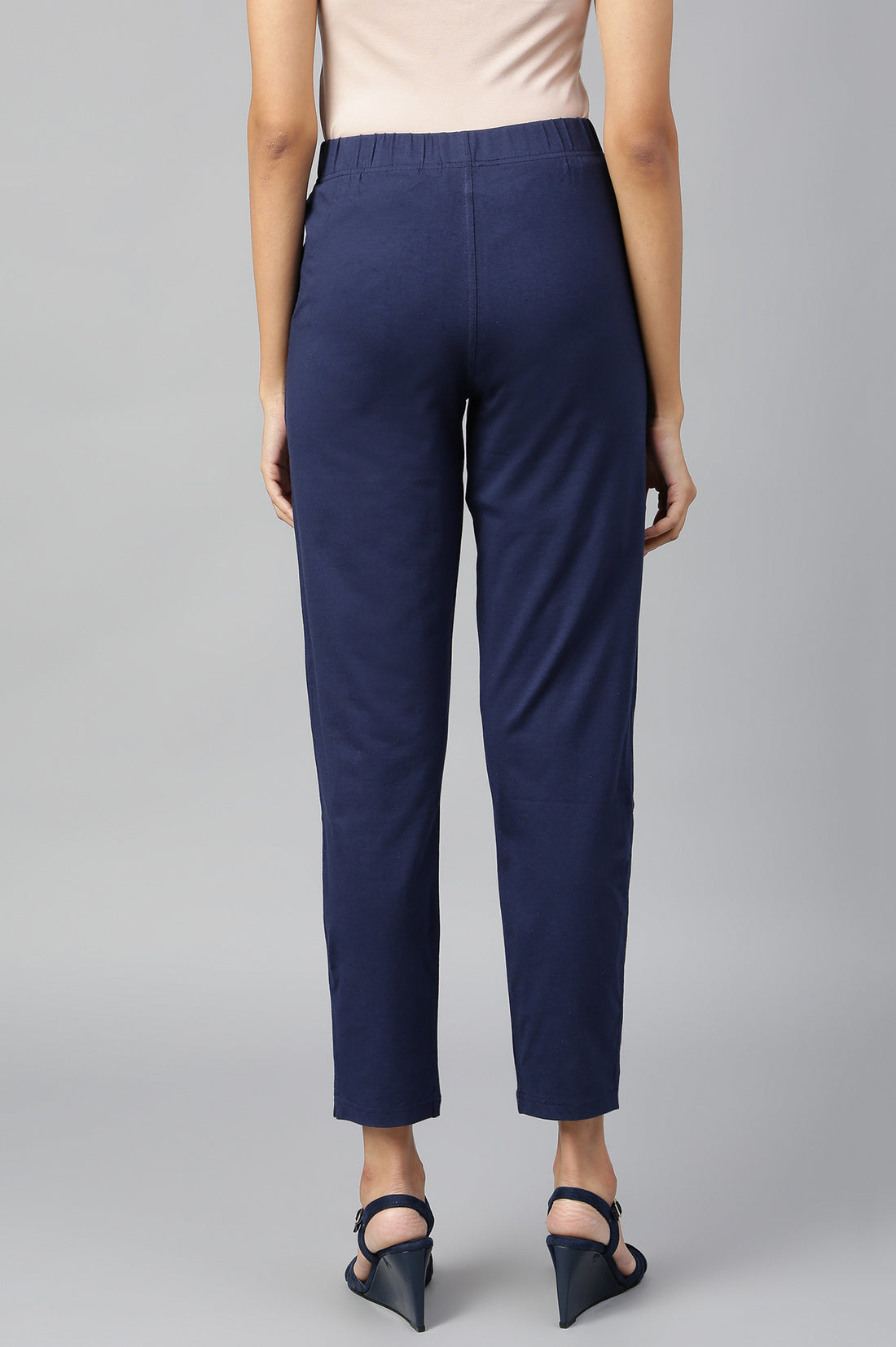 Navy Blue Solid Flared Cotton Pants With Elasticated Waist