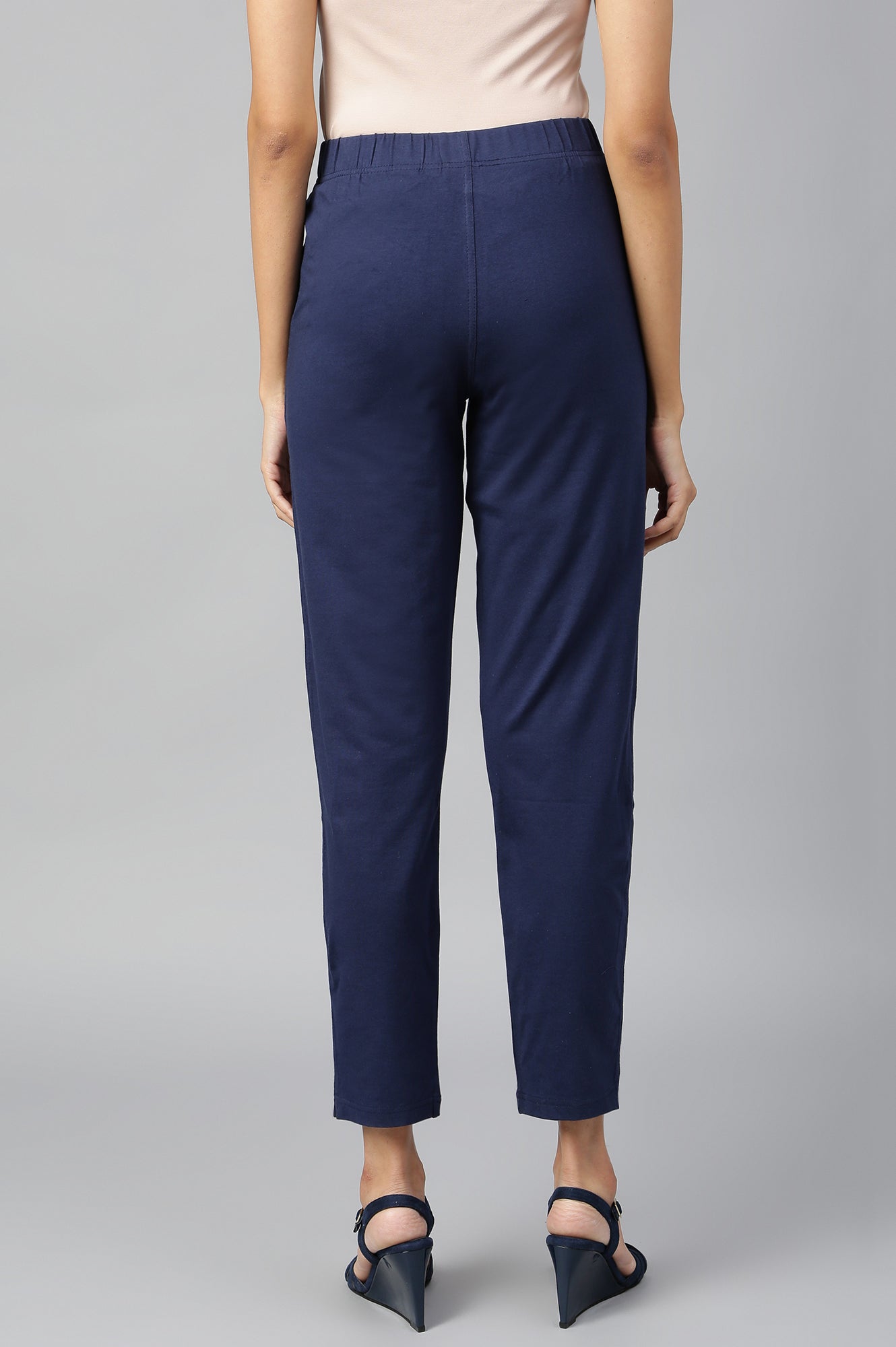 Buy Navy Blue Solid Flared Cotton Pants With Elasticated Waist
