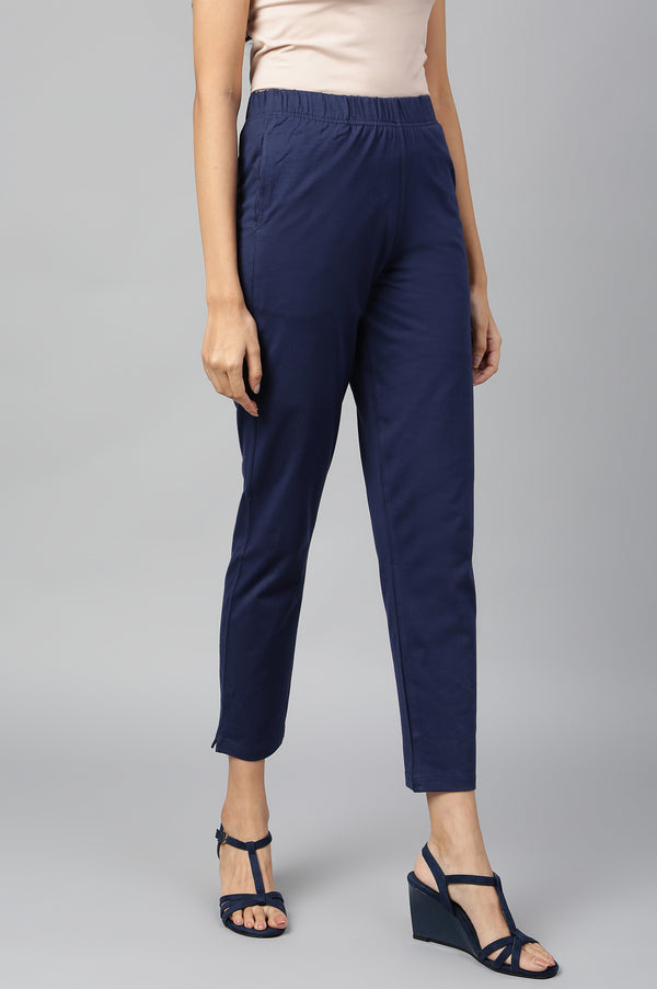 Navy Blue Solid Flared Cotton Pants With Elasticated Waist