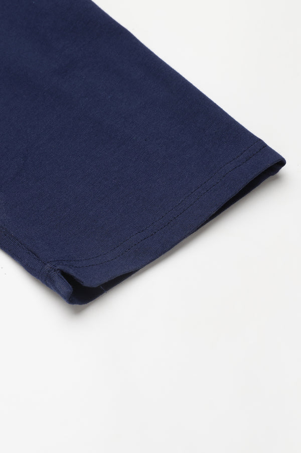 Navy Blue Solid Flared Cotton Pants With Elasticated Waist