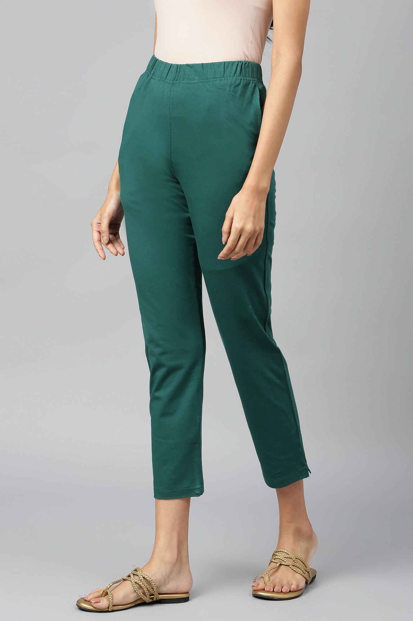 Green Cotton Lycra Women Pants