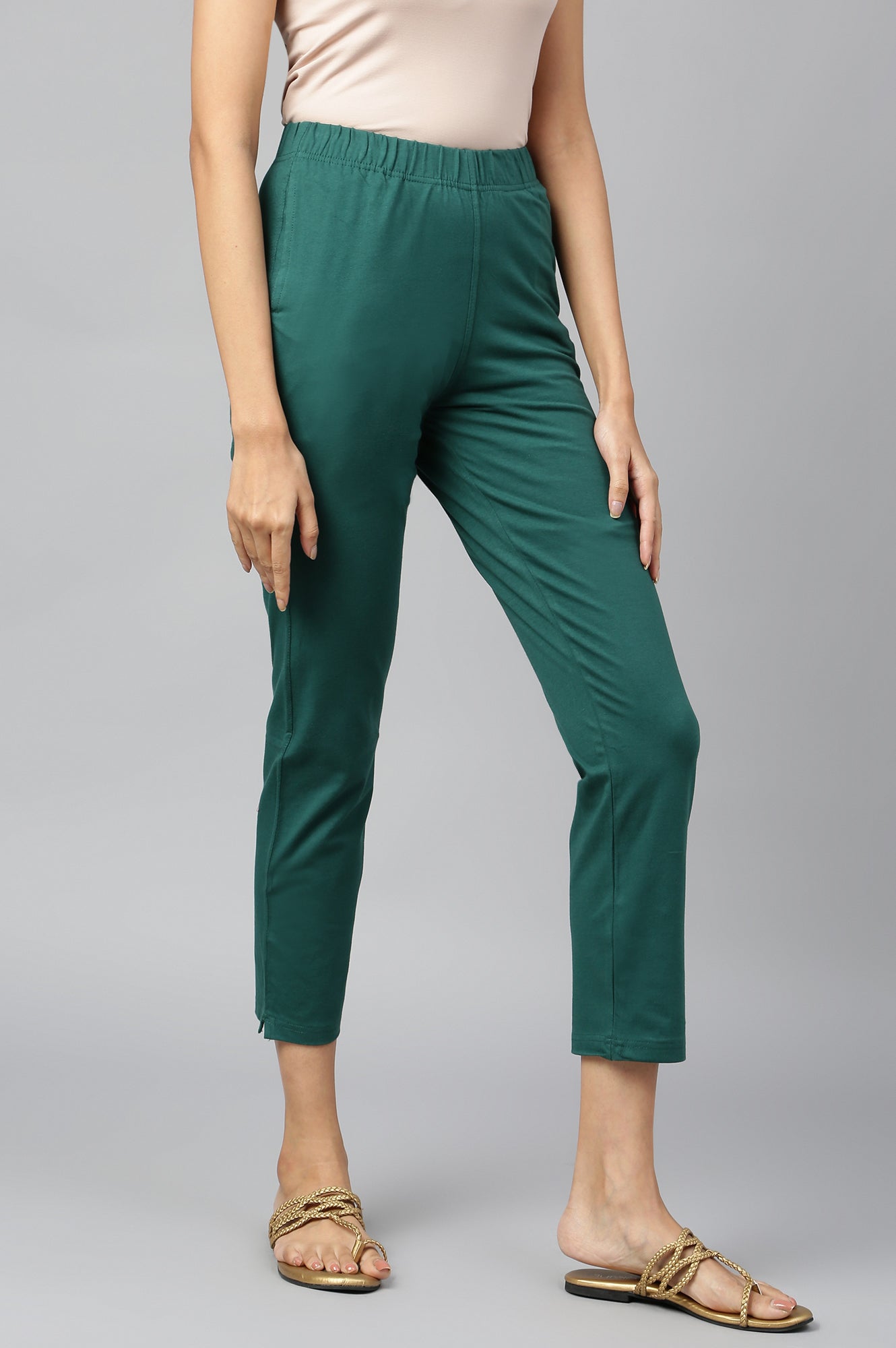 Green Cotton Lycra Women Pants