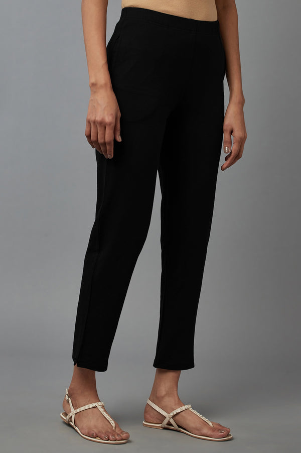Black Solid Flared Cotton Pants With Elasticated Waist