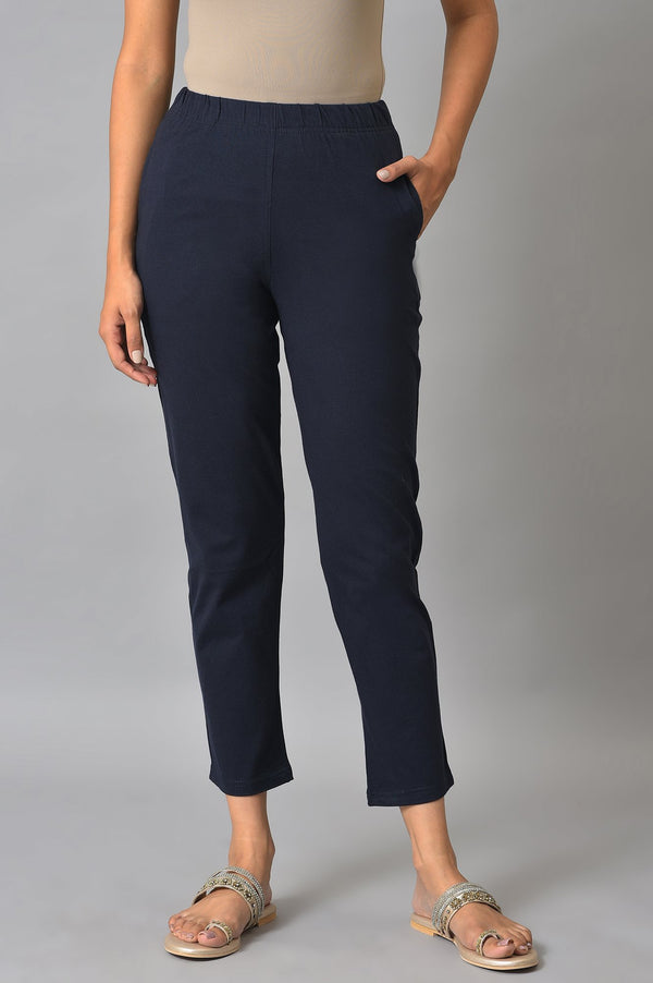 Navy Blue Solid Flared Cotton Pants With Elasticated Waist