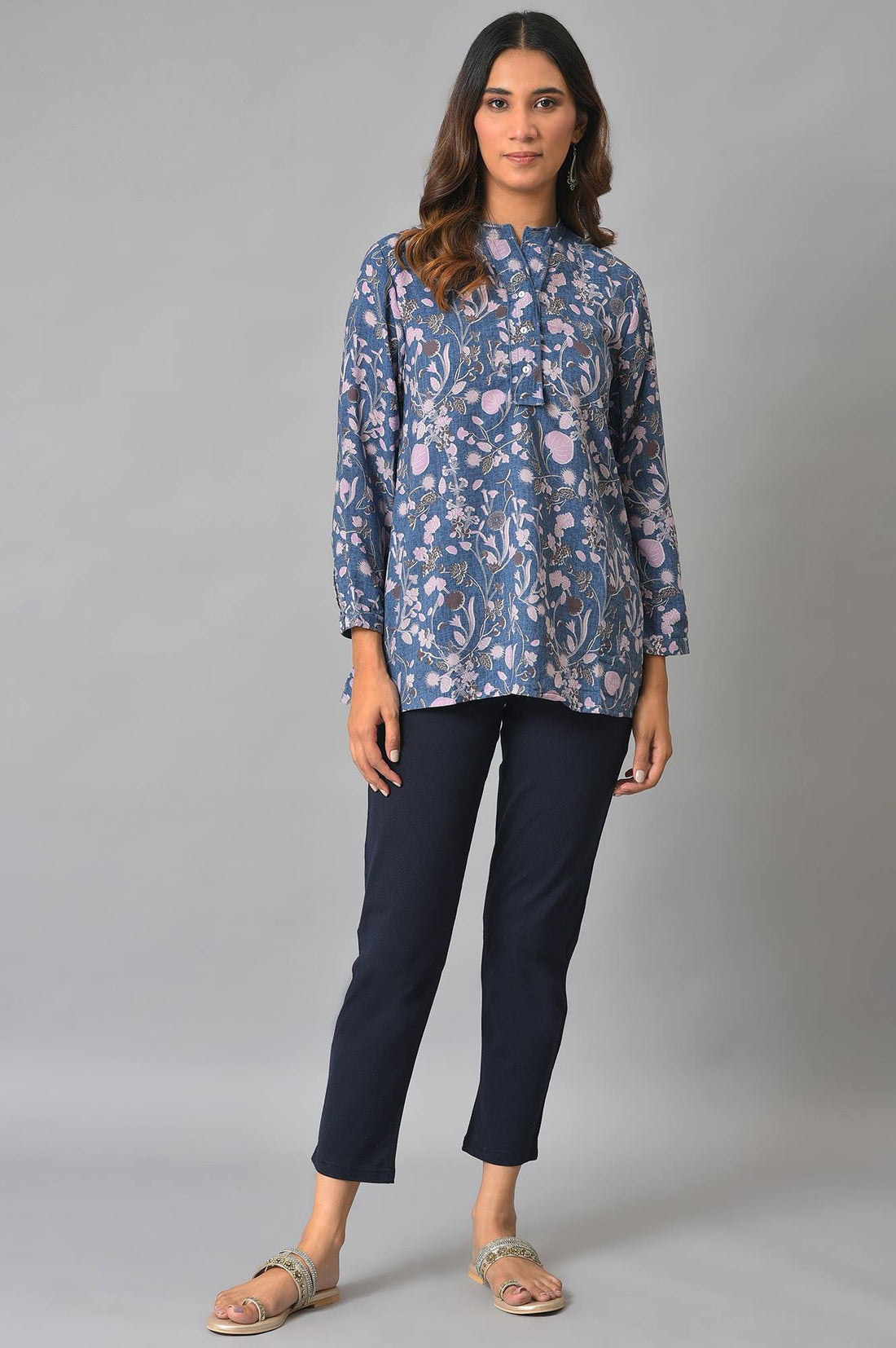 Navy Blue Solid Flared Cotton Pants With Elasticated Waist