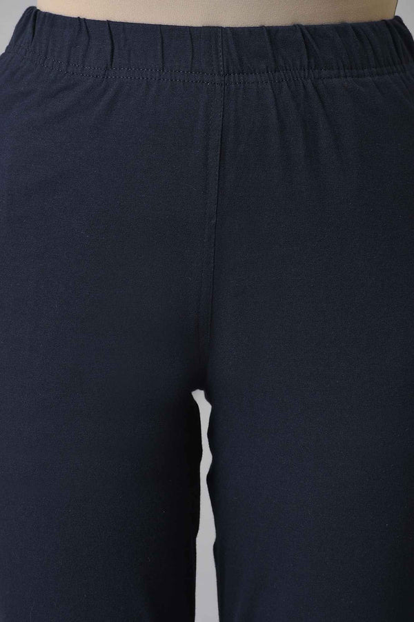 Navy Blue Solid Flared Cotton Pants With Elasticated Waist