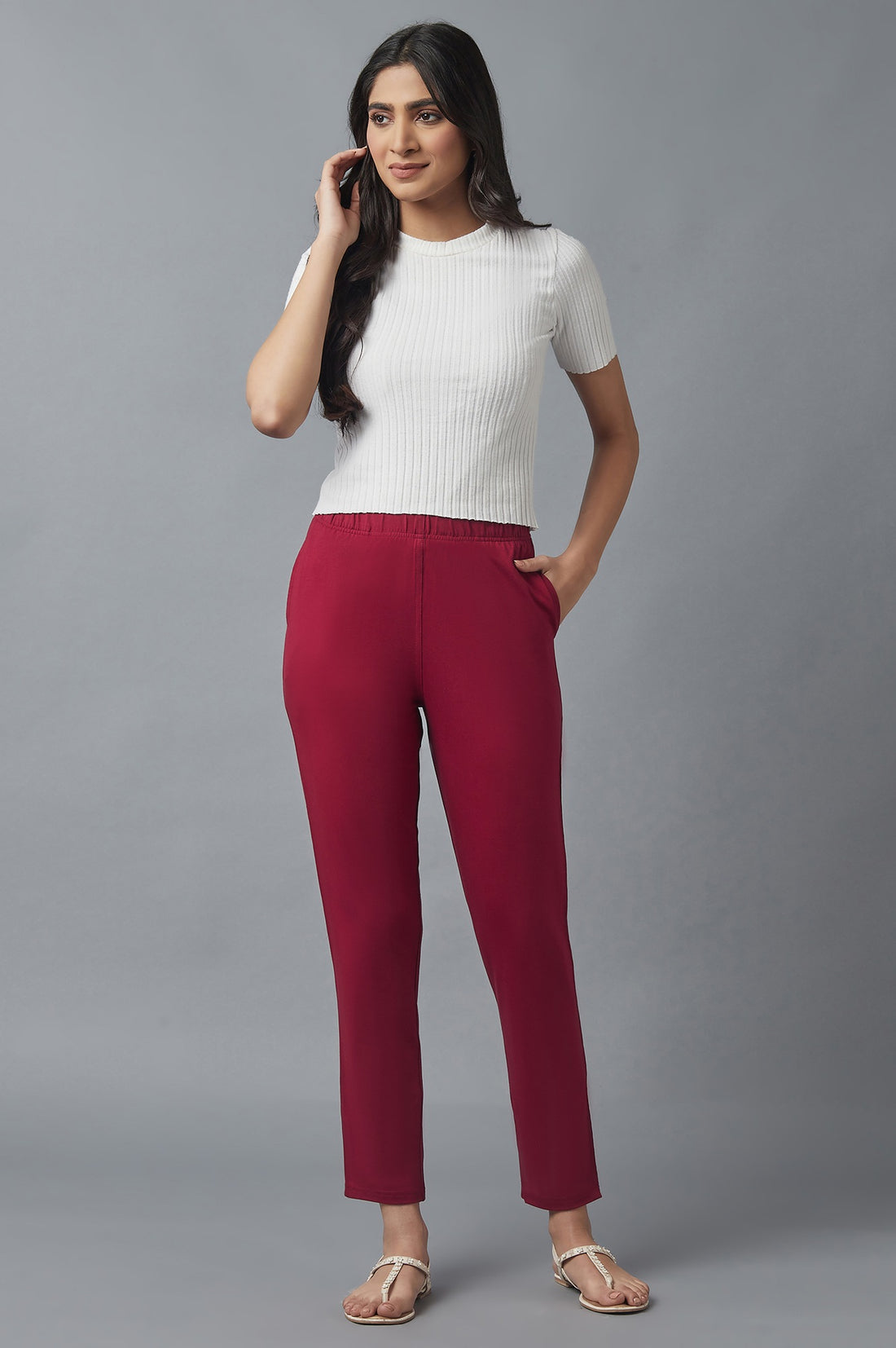 Maroon Solid Flared Cotton Pants With Elasticated Waist