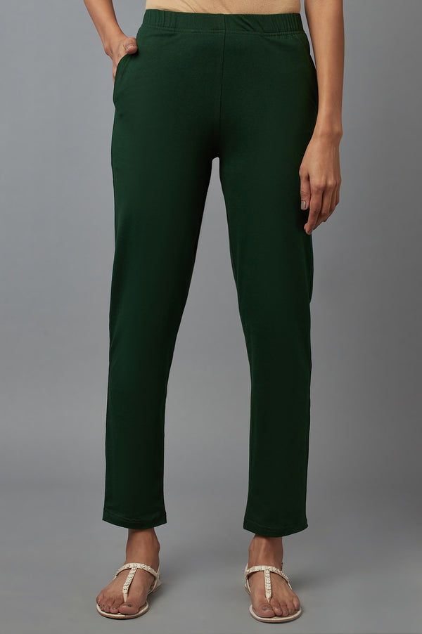 Dark Green Solid Flared Cotton Pants With Elasticated Waist