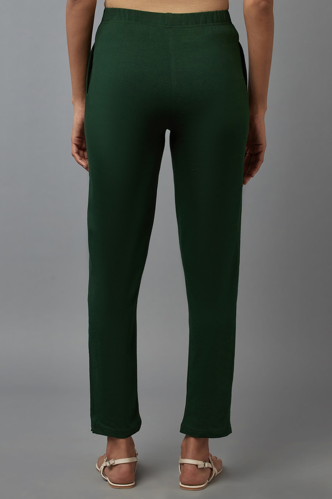 Dark Green Solid Flared Cotton Pants With Elasticated Waist