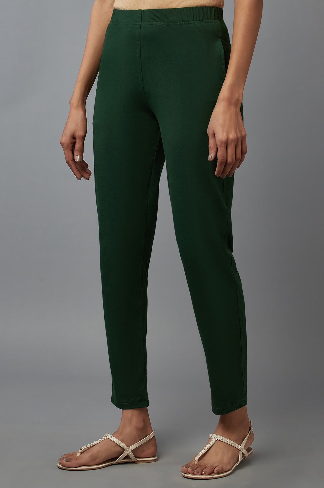 Dark Green Solid Flared Cotton Pants With Elasticated Waist