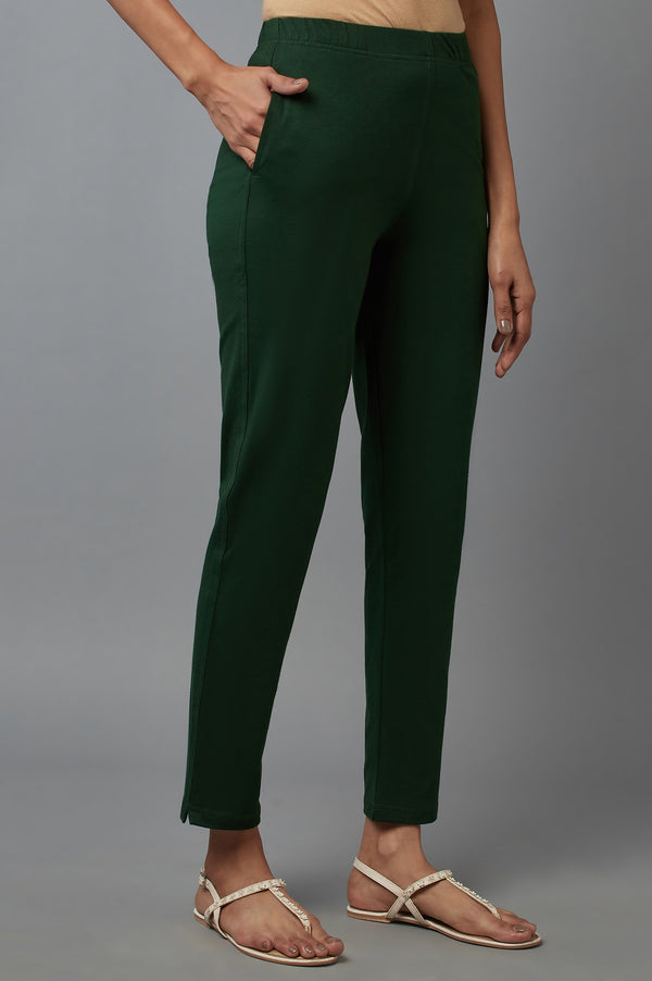 Dark Green Solid Flared Cotton Pants With Elasticated Waist