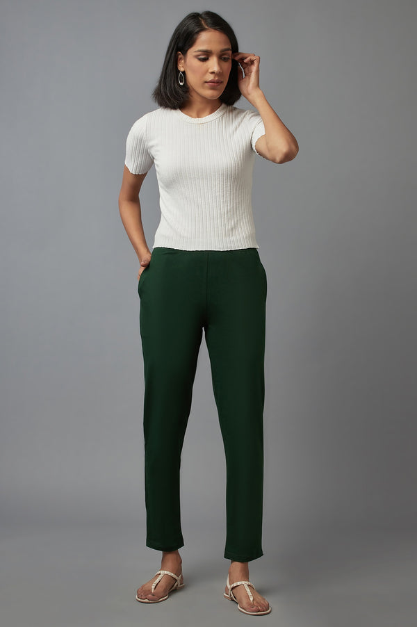 Dark Green Solid Flared Cotton Pants With Elasticated Waist
